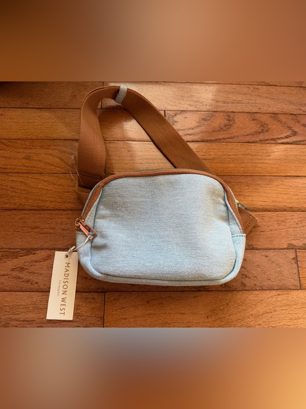 Madison West Light Blue Crossbody with Brown Strap and Gold Zipper - Belt Bag